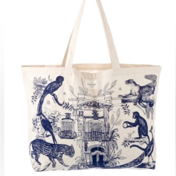 Sezane Cream Navy Canvas Travel Bag Jungle Toile Blue White Tote Shopper 21 x 13 - Picture 1 of 16